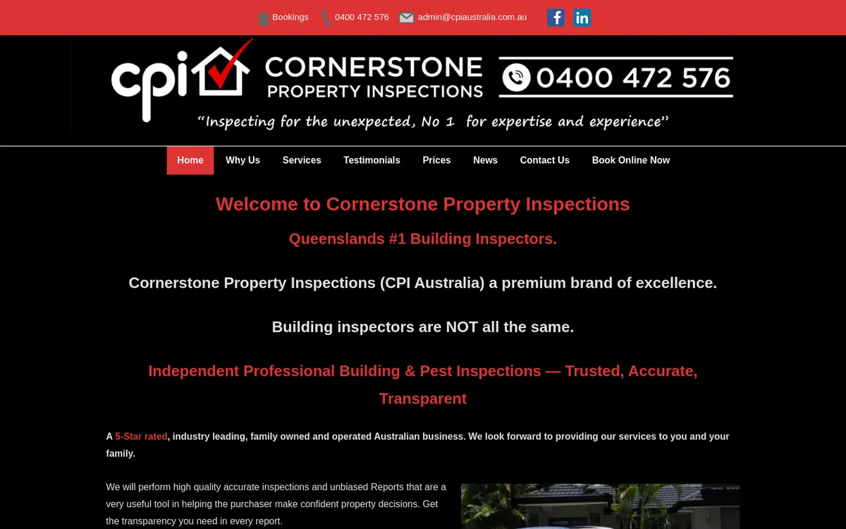 Homepage of Cornerstone Property Inspections's website