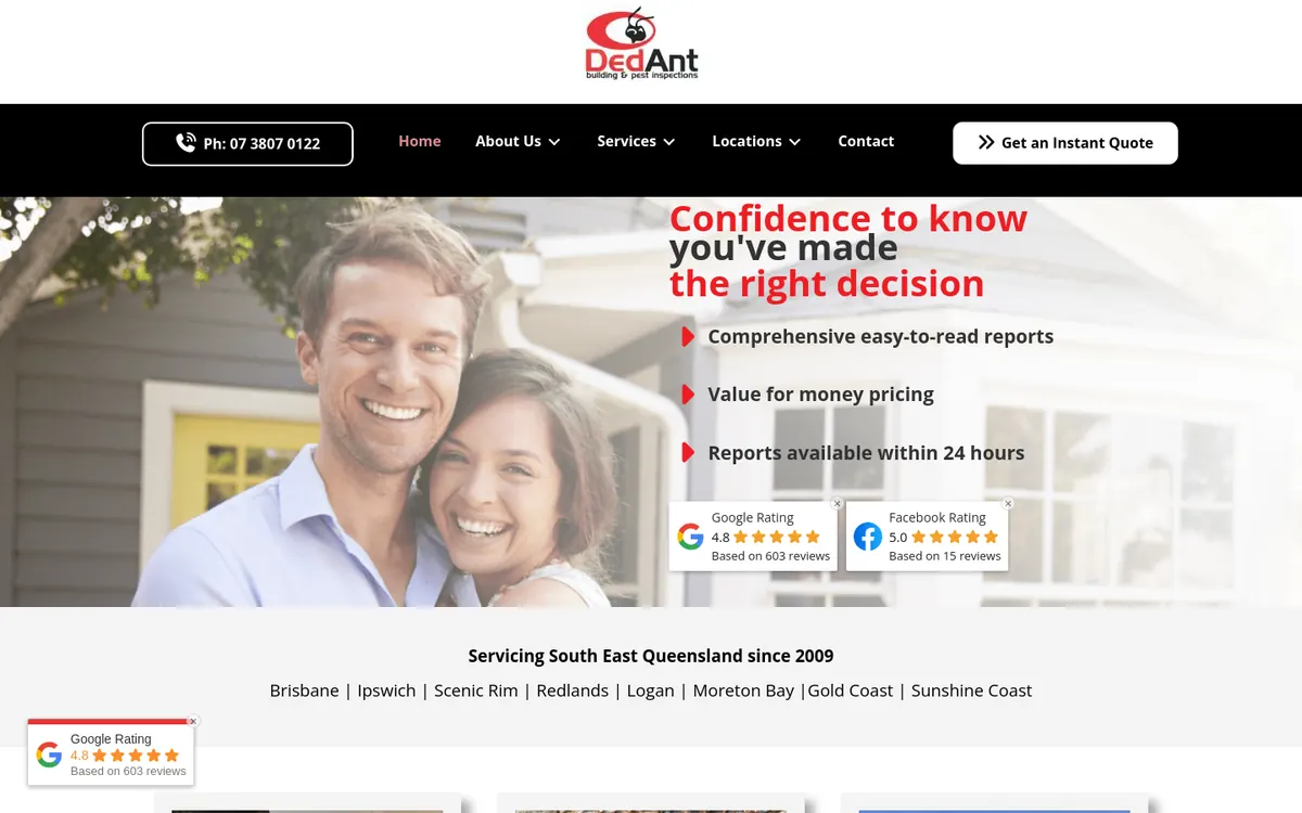 Homepage of Dedant Building and Pest Inspections's website