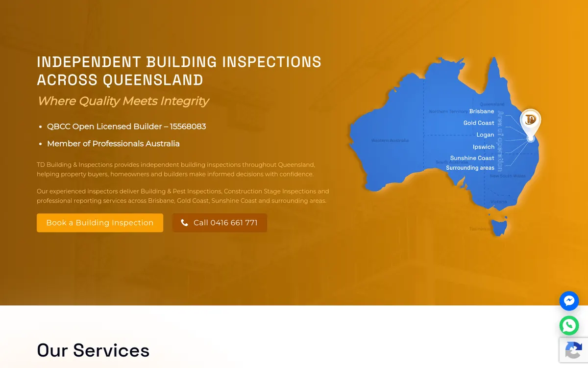 Homepage of TD Building and Inspections's website