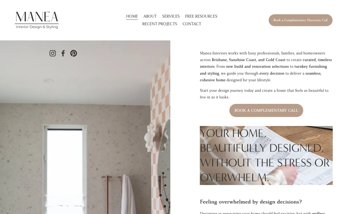 Homepage of Manea Interior Design & Styling's website