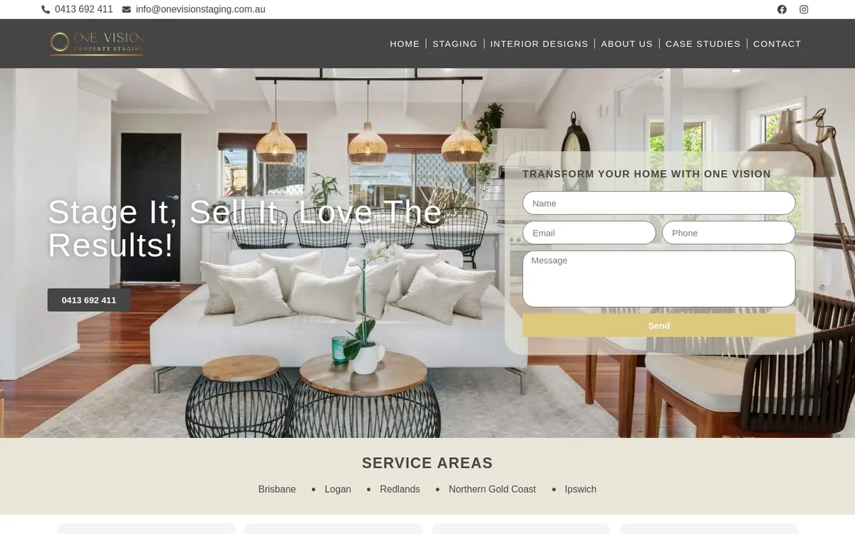 Homepage of One Vision Staging's website