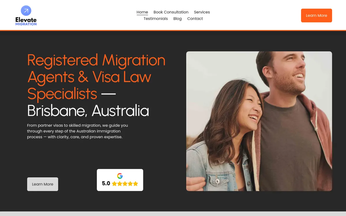 Homepage of Elevate Migration's website