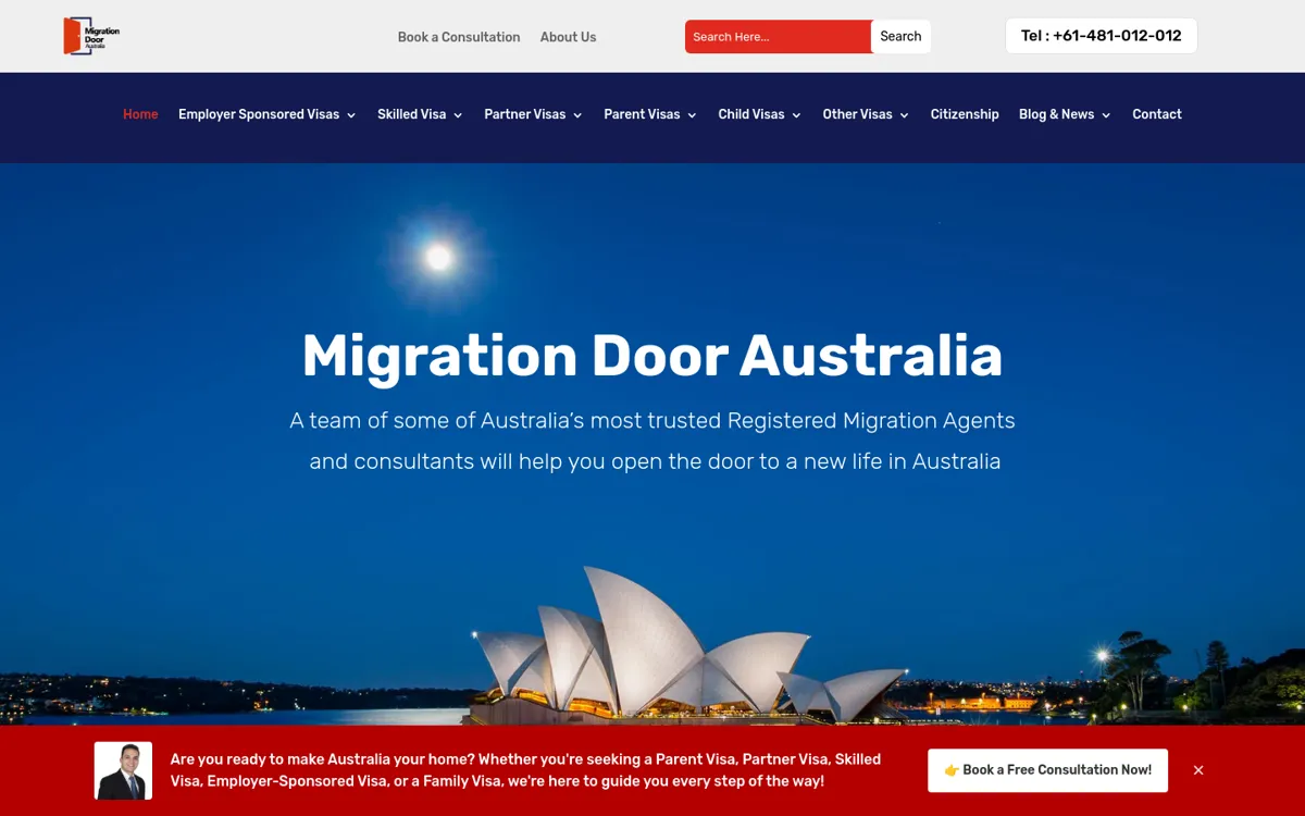 Homepage of Migration Door Australia's website