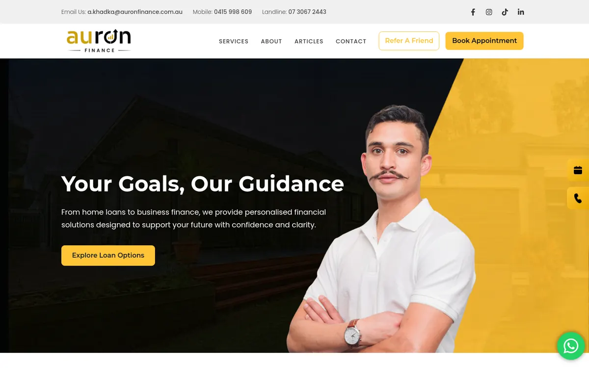 Homepage of Auron Finance's website