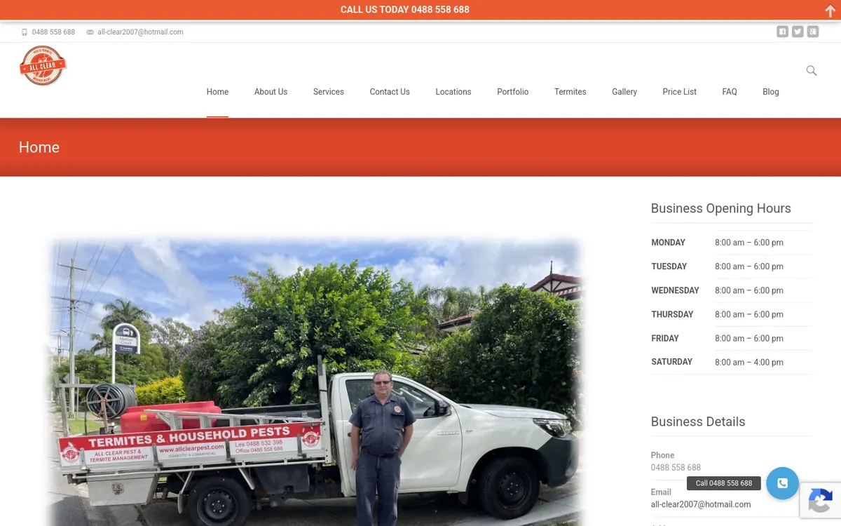 Homepage of All Clear Pest Control & Termite Management's website