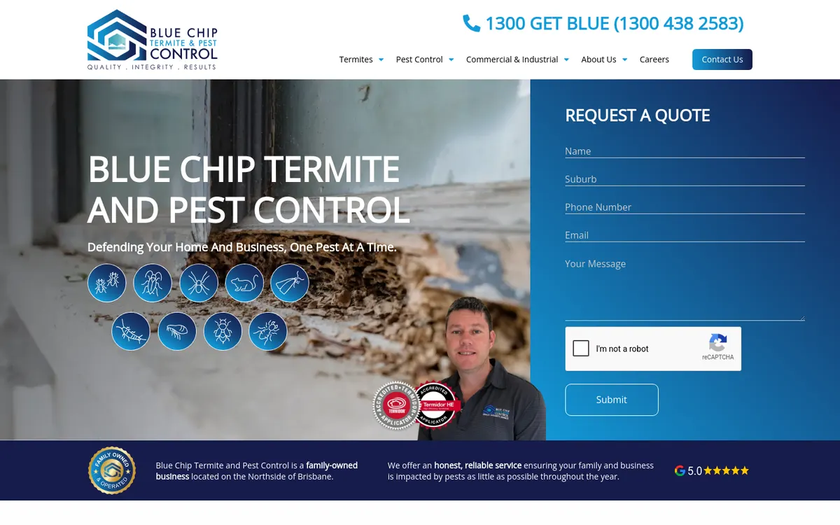 Homepage of Blue Chip Termite & Pest Control's website