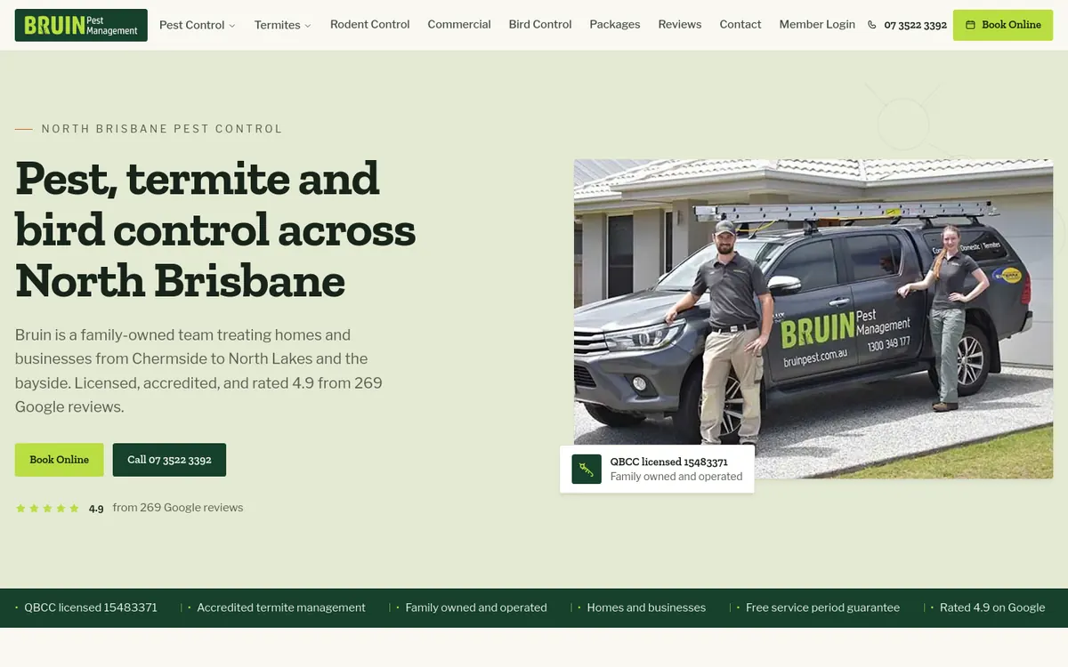 Homepage of Bruin Pest Management's website
