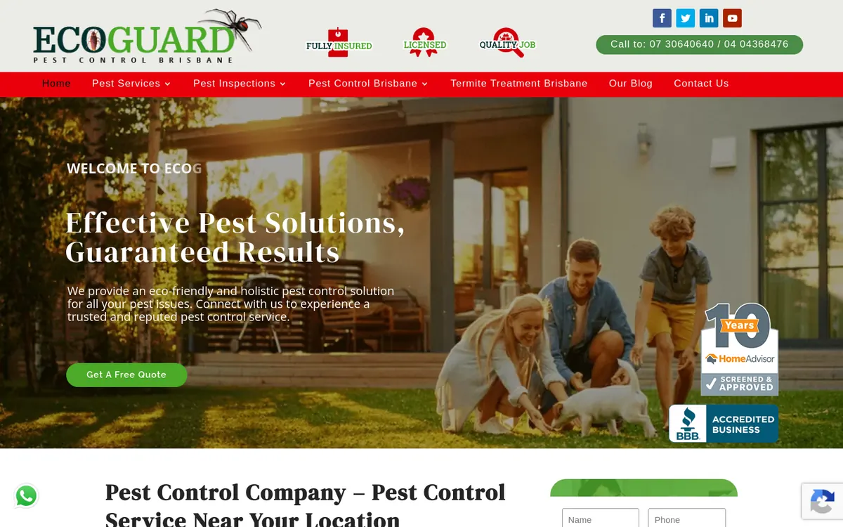 Homepage of EcoGuard Pest Control's website