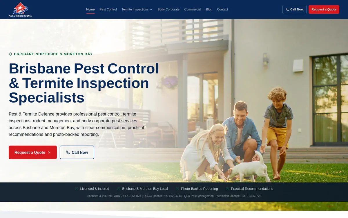 Homepage of Pest & Termite Defence's website