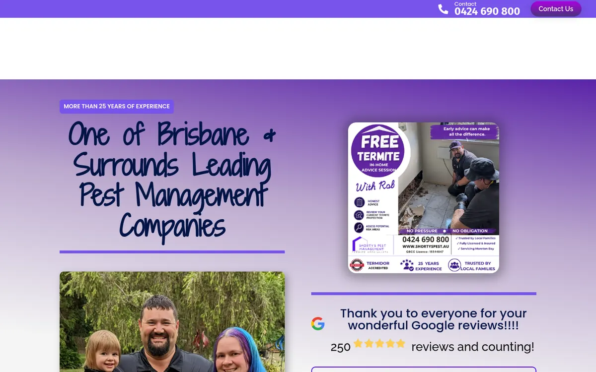 Homepage of Shorty's Pest Management's website