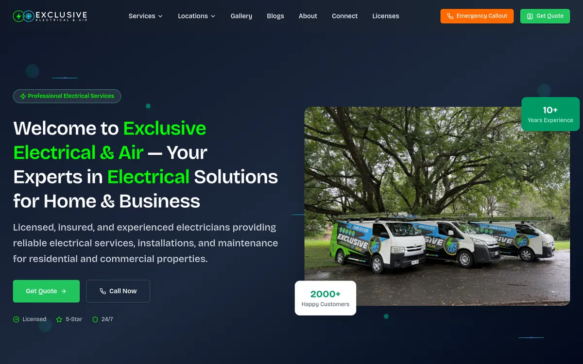 Homepage of Exclusive Electrical and Air's website