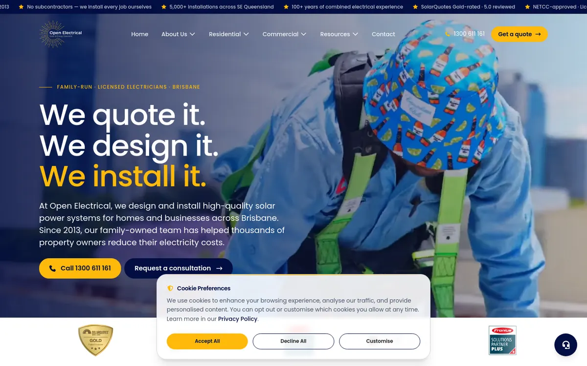 Homepage of Open Electrical Solar's website